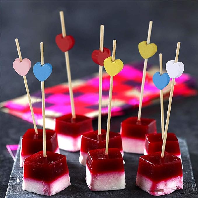 Minisland Pink Love Heart Cocktail Picks, 4.7 Inch Long Bamboo Fancy Toothpicks for Appetizers, Decorative Bridal Wedding Valentines Party Food Drinks Garnish Fruit Skewer Sticks 100 Counts -MSL134