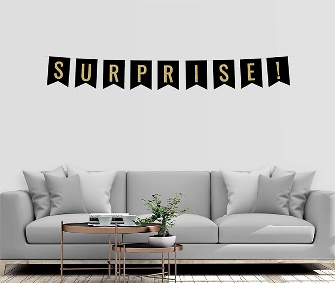 Andaz Press Faux Gold Glitter on Black Party Banner Decorations, Surprise!, Approx 5-Feet, 1-Set, Birthday Wedding Baby Shower Colored Hanging Pennant Decor