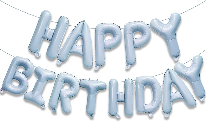 KALOR Pastel Blue Happy Birthday Balloons Banner, 16 Inch Mylar Foil Letters Balloon Sign for Birthday Party Decorations Photo Booth Backdrop