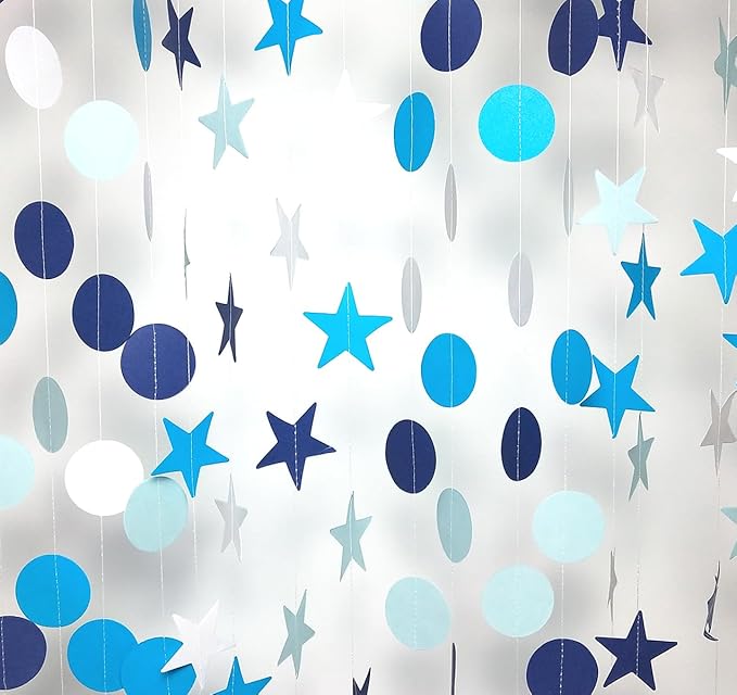 Party Decorations 52 Ft Big Star Garland Circle Dots Garland Paper Backdrop Streamer for Graduation Birthday Bachelorette Engagement Wedding Bridal Shower Baby Shower (Blue Set)