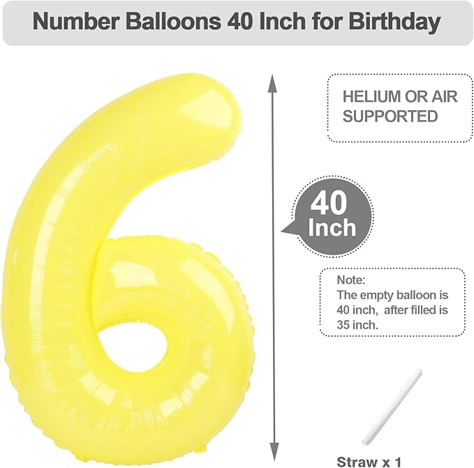 6 Balloon Numbers, 40 Inch Foil Big Balloon for Men And Women, Yellow Balloons for 6, 16, 26, 60, 2026 Graduation, Birthday, Wedding Anniversary, Xmas, Party Supplies