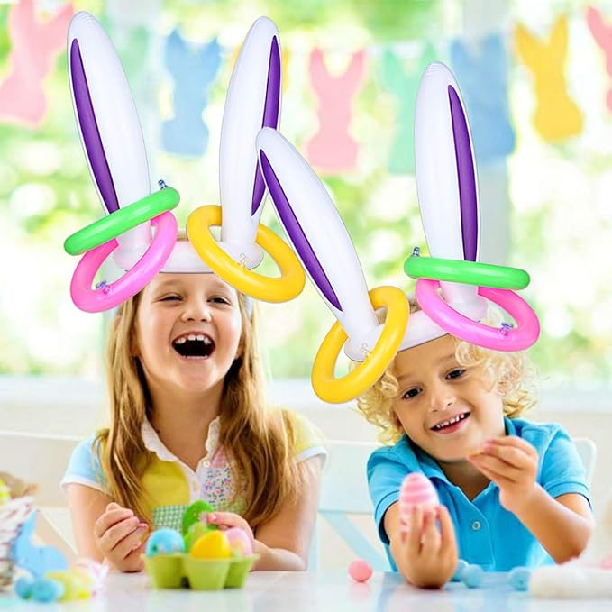 Hoshin 2 Set Inflatable Bunny Ears Ring Toss Game (2 Rabbit-Ear Hats with 12 Ring Toss, 1 Medal and 1 Hand-held Pump) - Great Family Easter Party Games