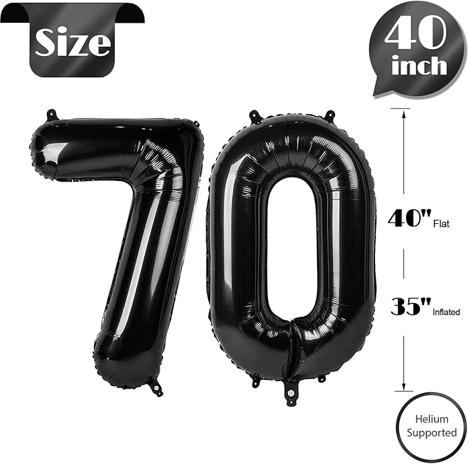 Black Number 70 Balloon 40 inch, 70 Number Balloons, 70th Black Birthday Decorations, 70 Year Old Women Men Party Supplies