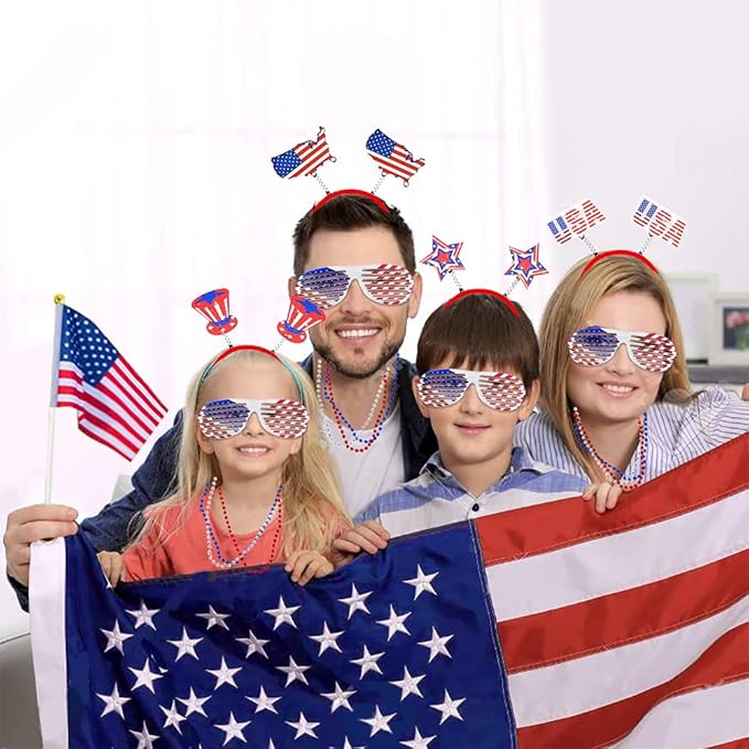 MOVINPE 120 Pcs Patriotic Party Favors, 4th of July Accessories Headbands, Shutter Shades Glasses, Beaded Necklaces, Hand Held USA Flags, Musical Blow Outs, Temporary Tattoos Parades Giveaways