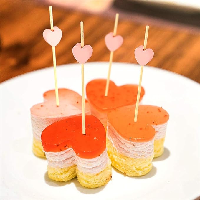 Minisland Pink Love Heart Cocktail Picks, 4.7 Inch Long Bamboo Fancy Toothpicks for Appetizers, Decorative Bridal Wedding Valentines Party Food Drinks Garnish Fruit Skewer Sticks 100 Counts -MSL134