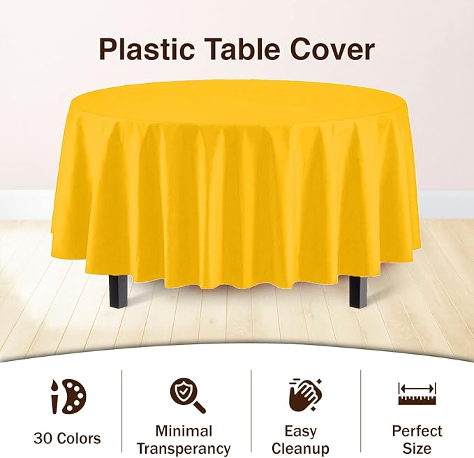 Exquisite Party Solids 6-Pack Premium Plastic Tablecloth 84in. Round Plastic Table Cover - Yellow