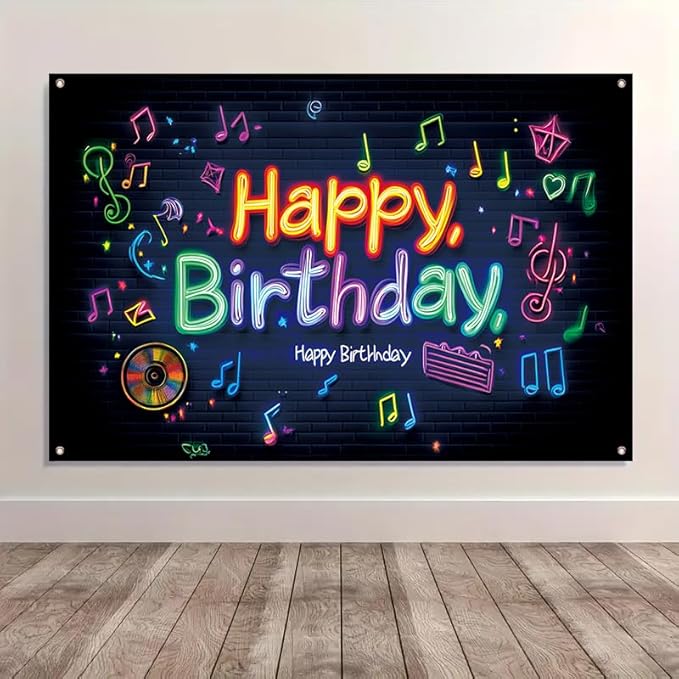 large 71x43 inch neon effect birthday porch banner suitable for indoor/outdoor birthday party decoration, with colorful music symbols, waterproof fabric suitable for terrace, courtyard, home and event decoration