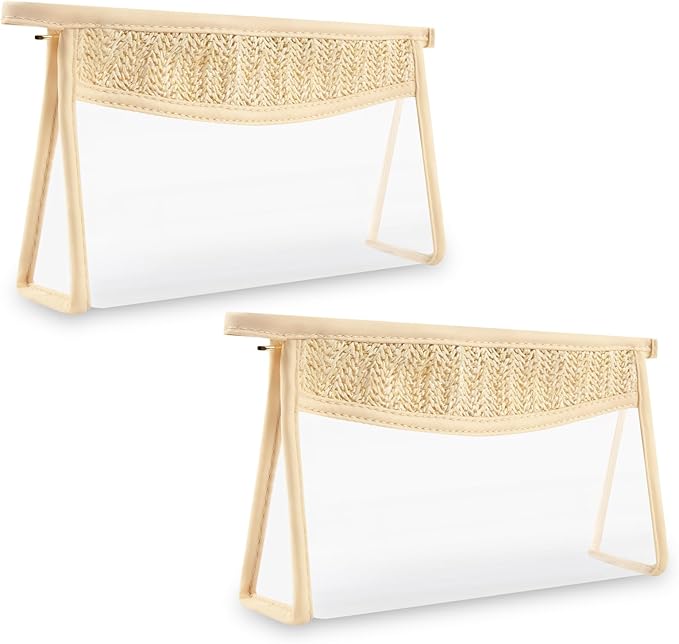 2Pcs Boho Patch Bag Clear Makeup Letter Bag, Waterproof Zipper Make up Bags Toiletry Pouch for Women Girls, Hollow Woven Clear Letter Patch Cosmetic Bags Transparent Organizer Pouch for Travel