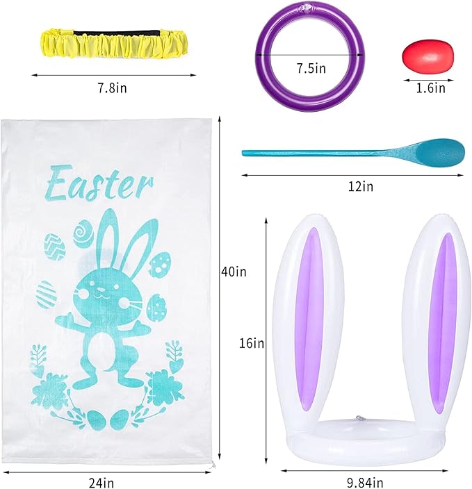 4 Players Easter Outdoor Party Games for Kids and Family - Potato Sack Race Jumping Bags, Legged Relay Race Bands, Egg and Spoon Race and Inflatable Bunny Ring Toss Games - Easter Party Supplies