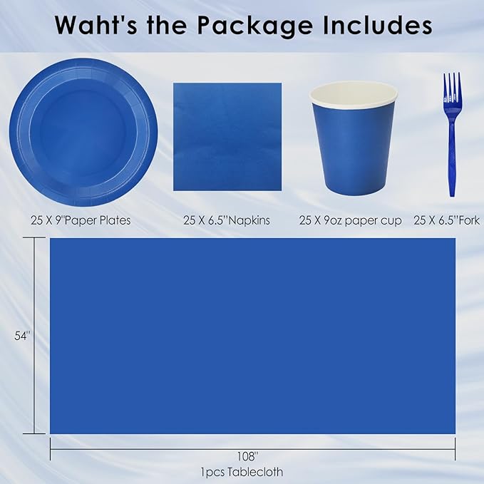 Severs 25 Guests Blue Party Supplies Set Include 9-inch Blue Paper Plates Cups Napkins and Tablecloth,Disposable Dessert Plates for Wedding Birthday