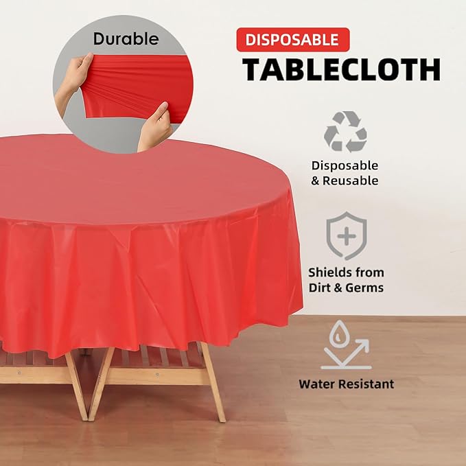 Craft And Party 12-Pack Red Plastic Tablecloths – 84 Inch Round Disposable Table Covers, Heavy Duty & Waterproof for Parties, Events, Banquets, Red