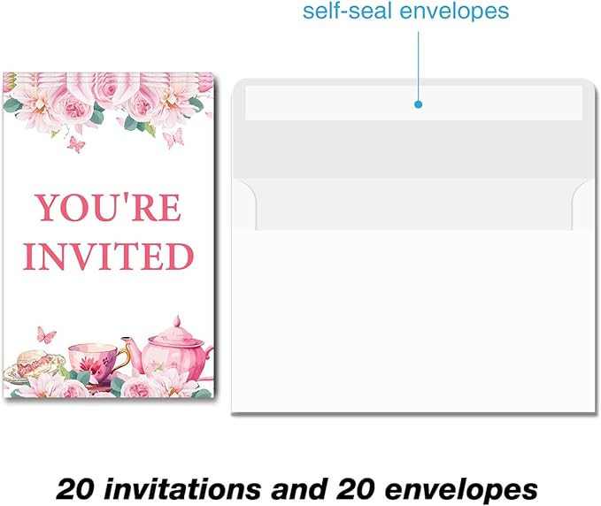 Soiceu Floral Tea Party Girl Birthday Invitations Pink Let's Par-tea Birthday Invites with Envelopes Set of 20