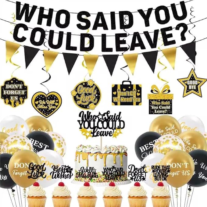 Roetyce Farewell Party Decorations, Who Said You Could Leave Banner Cake Toppers Balloons Hanging Swirls, Going Away Retirement Leaving Party Decorations for Men Women, Coworker Goodbye Party Supplies