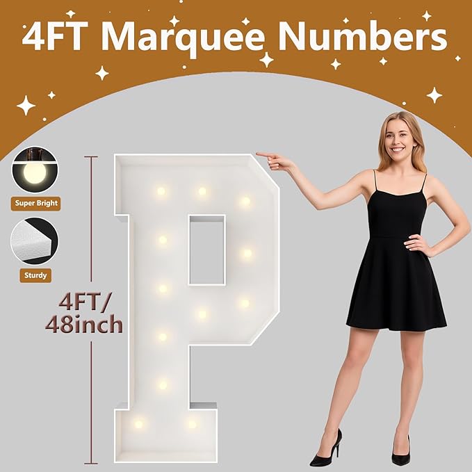 4FT Marquee Light Up Letters, Large Marquee Letters, Pre-cut Foam Board Letter P for Engagement Wedding Decorations Birthday Party Backdrop Decor, Balloon Arch Kit