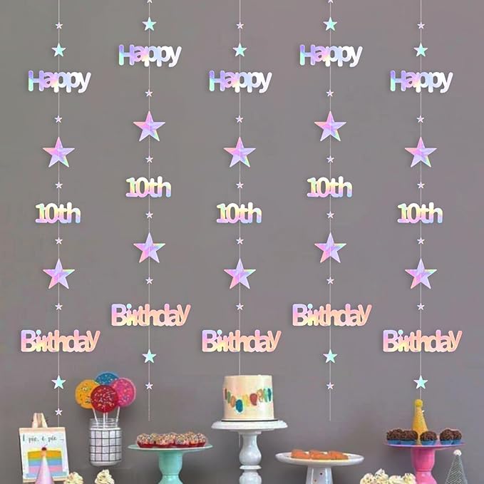 Iridescent 10th Birthday Decorations for Girls Boys Metallic Twinkle Stars Garland Hanging Streamers Double Digits Bunting Banner Party Backdrop Decor Suppliess