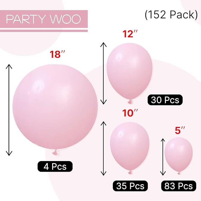PartyWoo Light Pink Balloons 152pcs Different Sizes of 18 12 10 5 Inch Pastel Pale Baby Pink Balloon Arch Kit Garland for Baby Shower Bachelorette Bridal Shower Birthday Party Decorations Pink-Y48