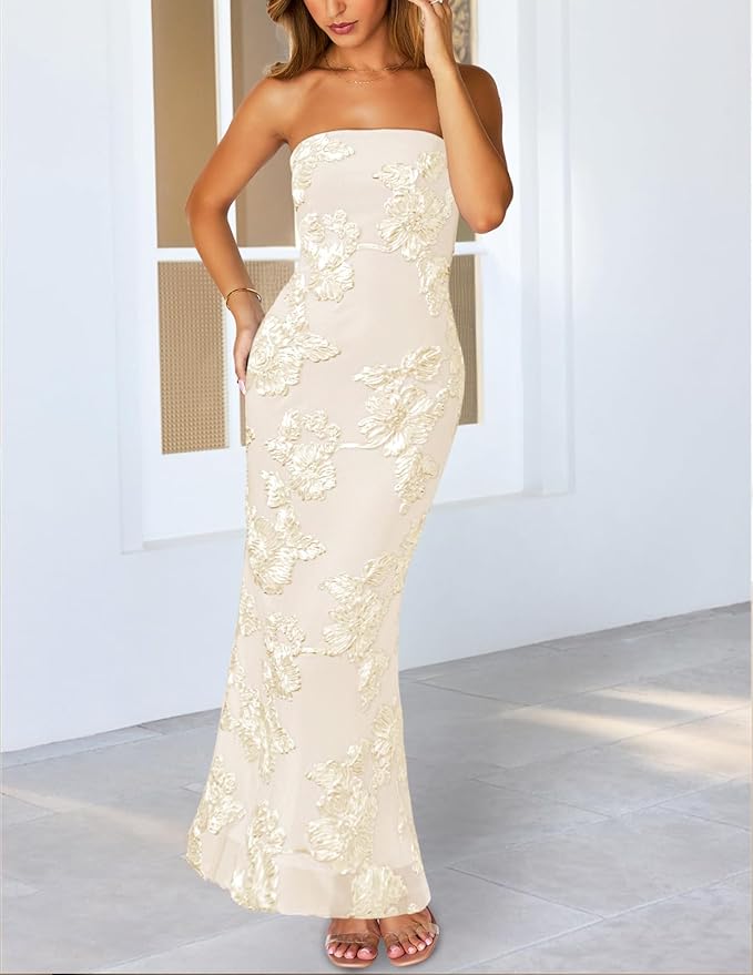 MEROKEETY Women's Floral Strapless Maxi Dress 2026 Summer Mesh Tube Bodycon Formal Wedding Guest Cocktail Party Long Dresses