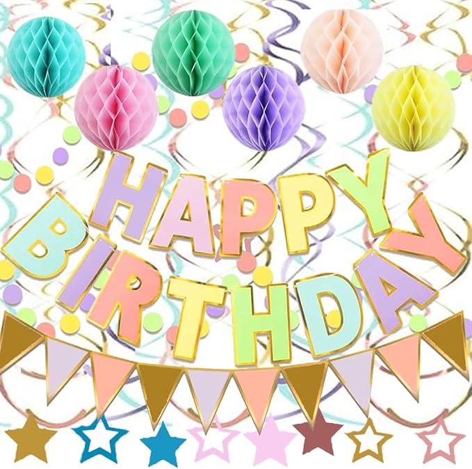 Pastel Birthday Decorations, Happy Birthday Banner with Honeycomb Balls, Stars Hanging Swirl Streamers, Buntings Circle Dots Garland, Party Decorations for Women Men Boys Girls (Multi-colored)