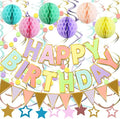Pastel Birthday Decorations, Happy Birthday Banner with Honeycomb Balls, Stars Hanging Swirl Streamers, Buntings Circle Dots Garland, Party Decorations for Women Men Boys Girls (Multi-colored)