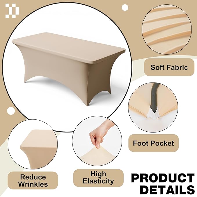 Trlyc 1 Pack 8FT Spandex Table Cloth - 96 x 30 Inch Rectangular Stretch Tablecloth, Wrinkle Resistant Scretch Table Cover for Wedding, Party, Banquet, Picnic, Outdoor Decoration (1Pcs,Champagne)