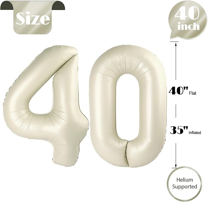 40 Balloon Number, Cream Number 40th Birthday Balloons 40 Inch, 40 Years Old Cream Birthday Decorations for Men Women, 40th Anniversary Decorations