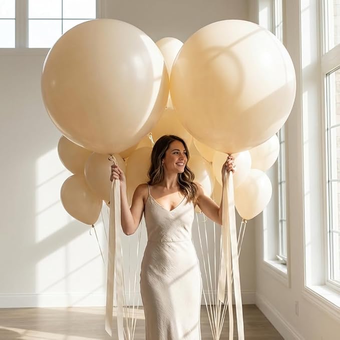 KALOR Warm Ivory Giant Balloons 36 Inch Large Latex Balloons, 4 Pack Jumbo Round Helium Balloon for Birthday Bridal Shower Wedding Baby Shower Party Decorations