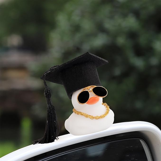 wonuu Car Dashboard Decor Graduation Hat Color Rubber Duck, Car Ducks Ornaments with Mini Graduation Hat Necklace Sunglasses (White)