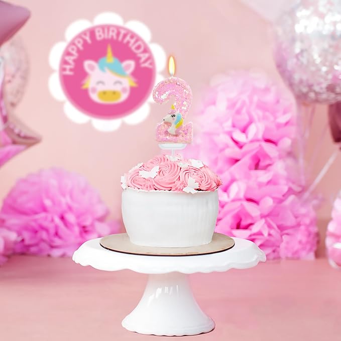 Birthday Candles - Number 2 Candle, 2nd Birthday Decorations for Girl, Pink Candles for Cake Topper, Cartoon Theme Party Supplies