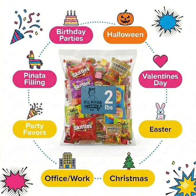 Big Mama Candy Variety Pack 2 lb - Bulk Assorted Candy Mix Individually Wrapped - Gummy, Sour & Chewy Candies for Party Favors, Pinata, Goodie Bags