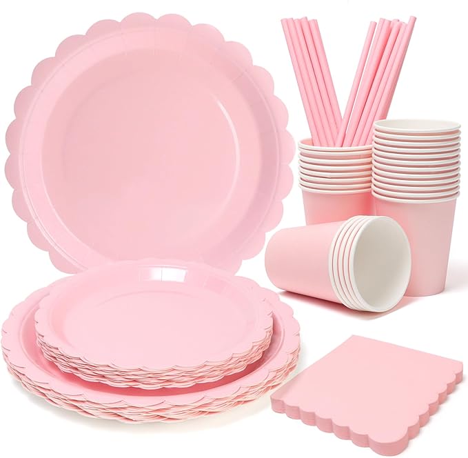 168PCS Party Plates, Scalloped Gingham Paper Plates and Cups and Napkins Sets Party Supplies for Birthday Wedding Bridal Shower Baby Shower Picnic, Serve for 24 Guests (Pink Scalloped)
