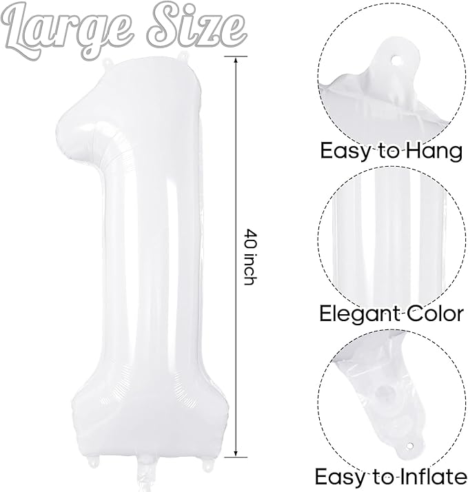 White Number Balloons 40 Inch Helium Mylar Number 1 Balloon for Birthday Party Anniversary Decoration (White, 1)