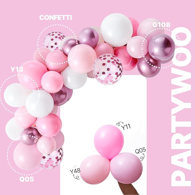 PartyWoo Baby Pink Balloon Arch Kit Garland 152pcs Different Sizes of 18 12 10 5 Inch White Light Pastel Pale Metallic Pink Confetti Balloons for Baby Shower Princess Birthday Party Decorations