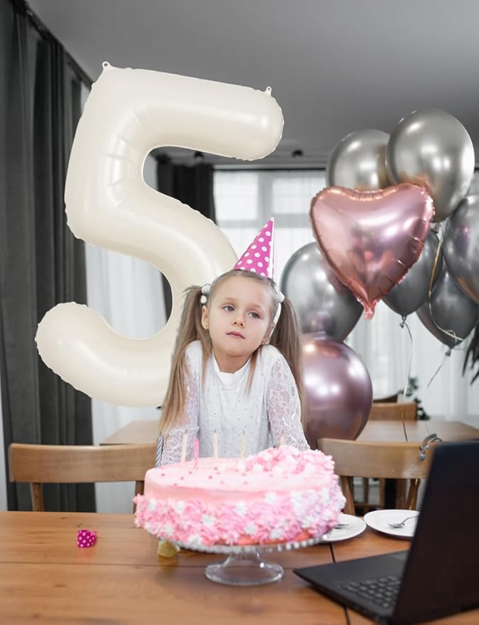 Cream Number 5 Balloons – 40 Inch Giant Foil Number Balloon, Light Cream Number Balloon for Birthday Anniversary Baby Shower Party Decorations