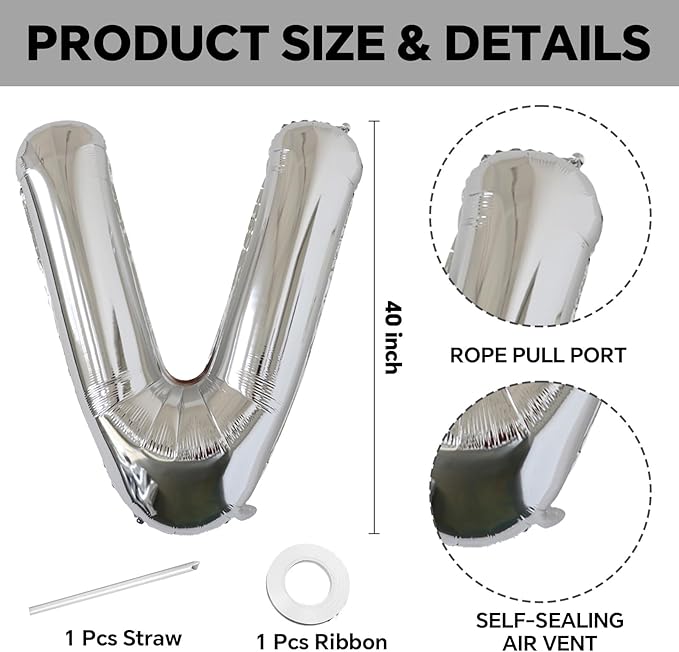 KALOR 40 Inch Silver Letter V Balloons Jumbo Foil Mylar Helium Big Balloons for Birthday Party Anniversary Baby Shower Supplies