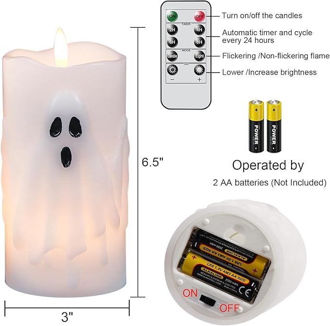 Halloween Ghost Flameless Pillar Candles with Remote Timer, Battery Operated LED Candles for Halloween Decorations Indoor Halloween Home Decor Gifts (2 Pack, 3” x 6.5”)