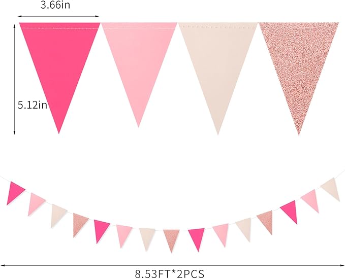 Hot-Pink Rose-Gold Party Decorations Banner - 2pcs Wedding Bridal Shower Hanging Paper Pennant Flags Streamers,Baby Girl Birthday Bachelorette Engagement Mohters Decor Lasting Surprise