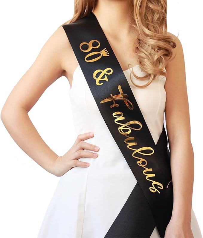 80th Birthday Sash for Women and Men 80&Fabulous Sash Black with Gold Foil Lettering