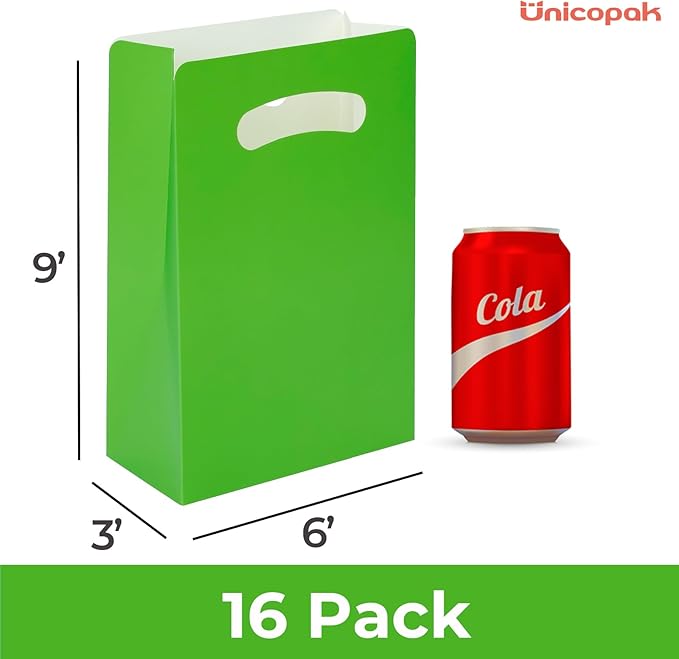 UnicoPak 16 Pack Green Party Favor Bags - 6×3×9” Premium Matte Green Goodie Bags for Pixel Gaming, Jungle Safari, St. Patrick's Day - Sturdy Paper Gift Bags with Handles, Customizable for Treats & Cookies