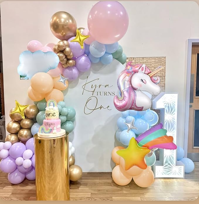 PageebO Pastel Rainbow Unicorn Balloon Garland Arch Kit, 154Pcs Soft Rainbow Balloons with Unicorn Meteor Cloud Balloons for Fairytale Birthday Party Princess Tea Girl Baby Shower Decorations