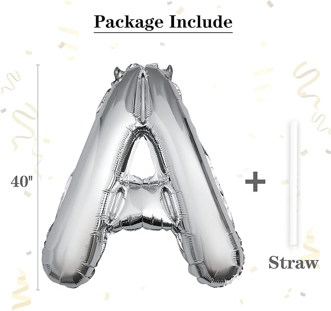 40 inch Silver Letter A Balloon, Big Size Alphabet Foil Mylar Helium Balloons for Birthday Party Celebration Wedding Anniversary Baby Shower Decorations Supplies Alphabet A