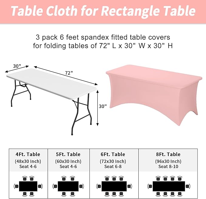 Fixwal 3 Pack Pink Table Cloths Rectangle 6FT, Tablecloths Rectangular Stretch Spandex Fitted Table Covers 6 FT for Valentine's Day, Parties, Banquet, Weddings, Buffet, Graduation Decorations
