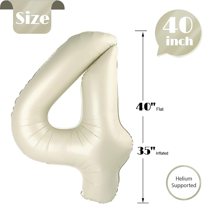 Cream Number 4 Balloon 40 Inch, 4 Balloon Number, 4th Birthday Decorations, Cream Party Supplies for Boys Girls