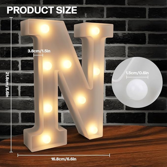 Light Up Marquee Letter N - 26 Alphabet Battery Powered LED Lights, Night Light White Plastic for Engagement Party Wedding Baby Shower Birthday Bar Decoration