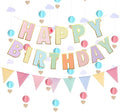 Pre-Strung Happy Birthday Banner and Decorations - Girls Toddler Birthday Decorations - 3D Garland with Pennant Banner Flags Pastel
