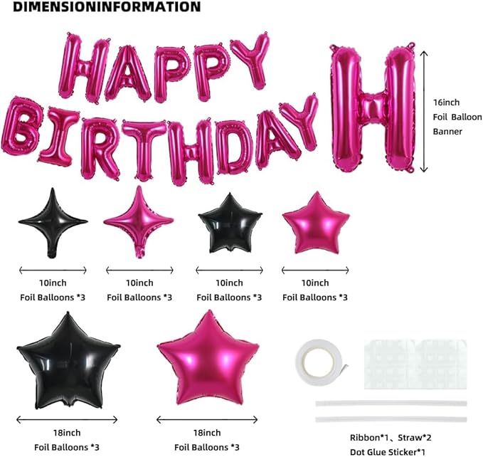 TONIFUL 35PCS 16 Inch Hot Pink Happy Birthday Balloon with Star Balloons,Hot Pink Happy Birthday Balloons Decorations for Girls Boys Kids Men Women Adults Birthday Party Decorations Supplies