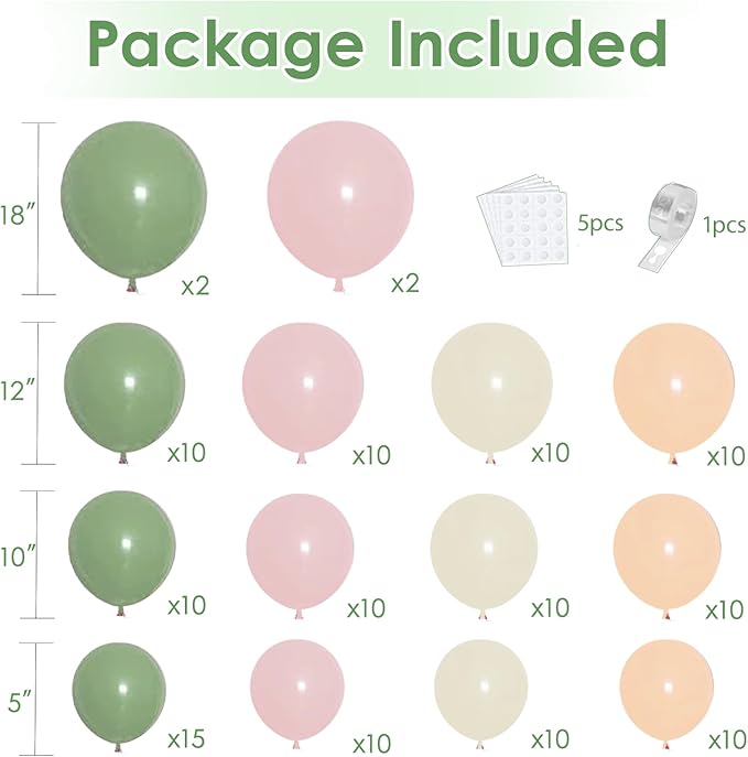 Pink and Green Neutral Balloon Arch Kit, Pink White Green Balloon Garland with Mixed Size Sage Green Pastel Pink Sand White Light Orange Balloons for Wedding Birthday Party Bridal Shower Decorations