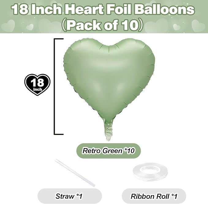 Sage Green Heart Foil Balloon, 10PCS Olive Green Heart Helium Balloons, Light Green Heart Shaped Foil Balloons for Jungle Safari Party Birthday Graduation Garden Wedding Baby Shower Party Decorations
