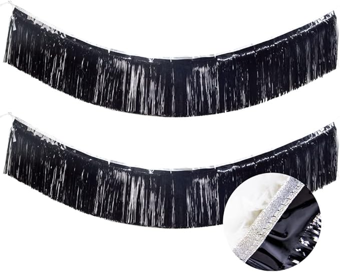 Premium Black Fringe Tinsel Garland for Party Decorations -4 Layers Thick, 2 Pack | LILF Foil Metallic Banner Party Streamers for Wedding Birthday Christmas Decoration Home Hanging