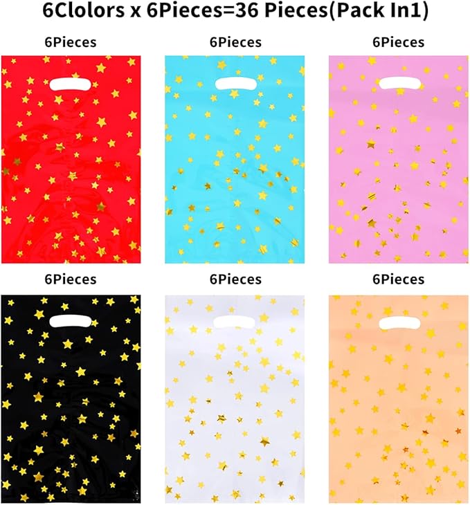 HABILE Happy Birthday Party Favor Bags 36 PCS Plastic Gift Bags with Glitter Stars for Children, Babies, Girls and Boys Birthdays