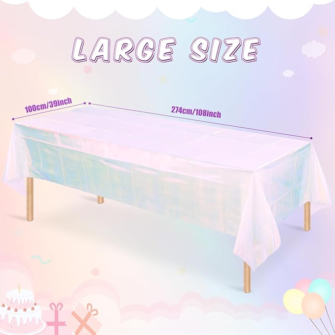 3 Pack Iridescent White Plastic Tablecloth, Shiny White Disposable Laser Rectangle Table Covers, Holographic Foil Tablecloth Party Decorations for Birthday Bridal Wedding Banquet, 40 x 108 Inch